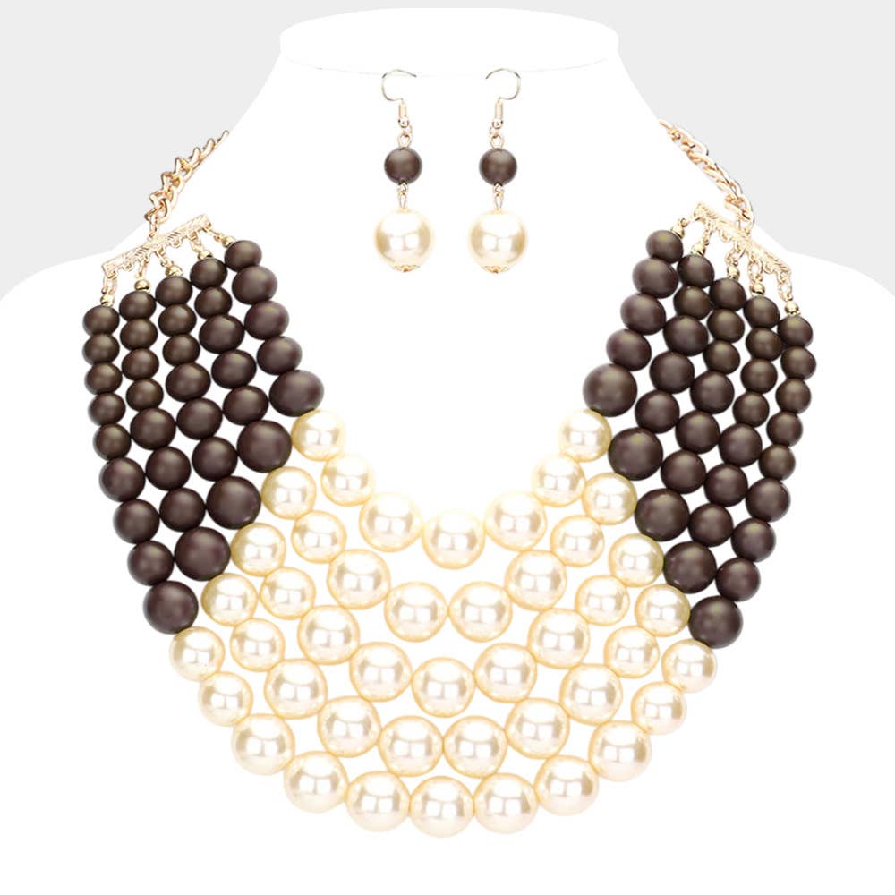 Chunky Multi Strand Pearl Bib Necklace: WHITE BLACK
