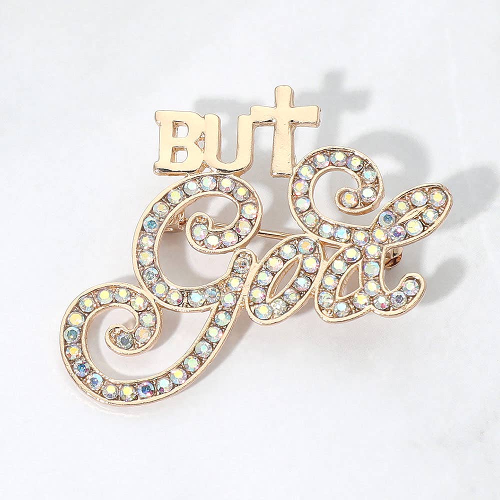Stone Paved But God Message Pin Brooch: Clear,Gold