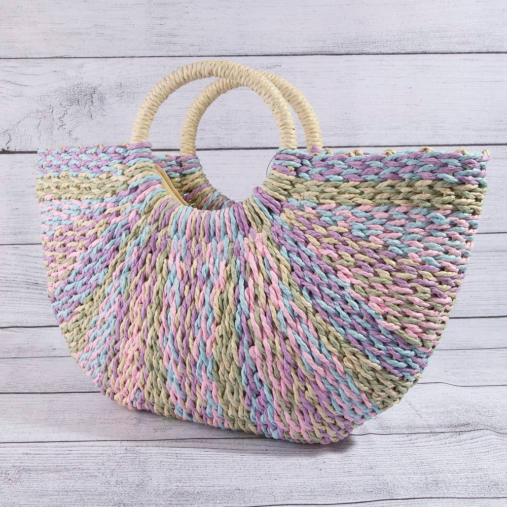 Multi Tone Straw Half Moon Round Handle Tote Bag: BEI