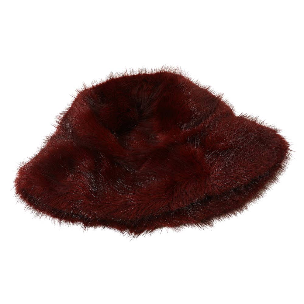 Soft Plush Faux Fur Winter Bucket Hat: Burgundy