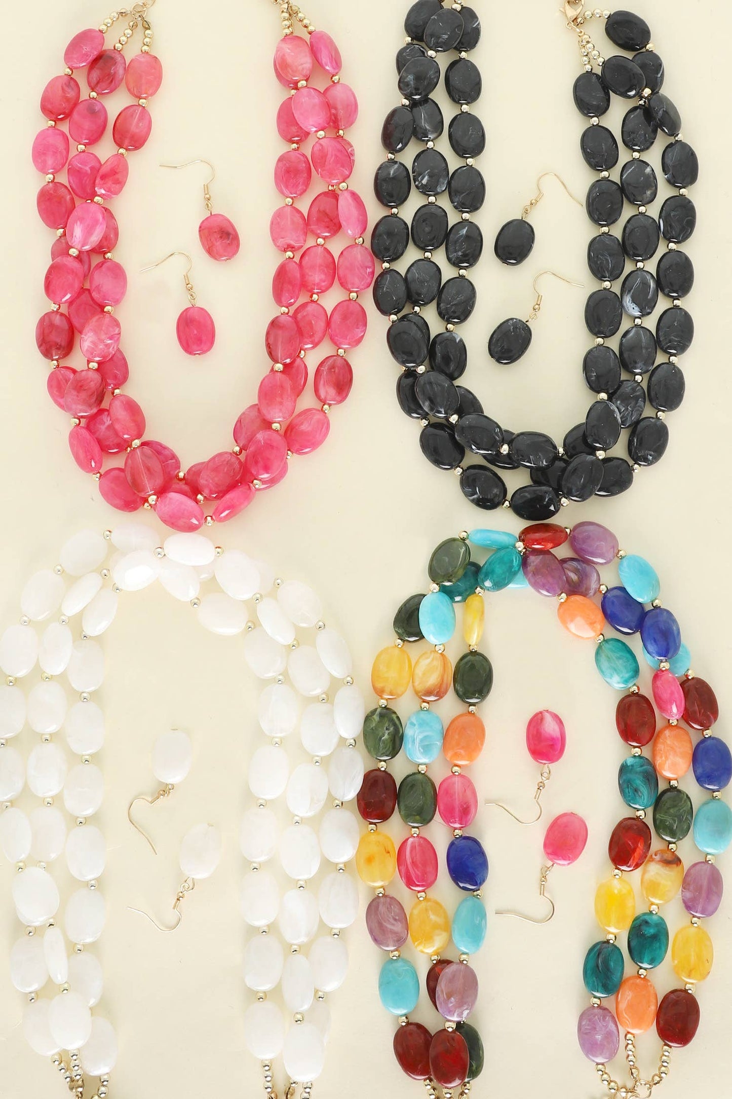 Multi Strand Natural Gemstone Beaded Necklace Set: Pink