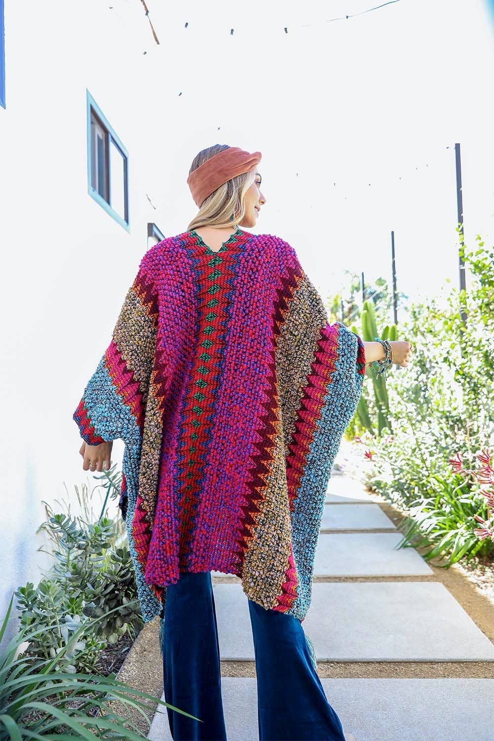 Colorful Crochet Patterned Ruana: Maroon