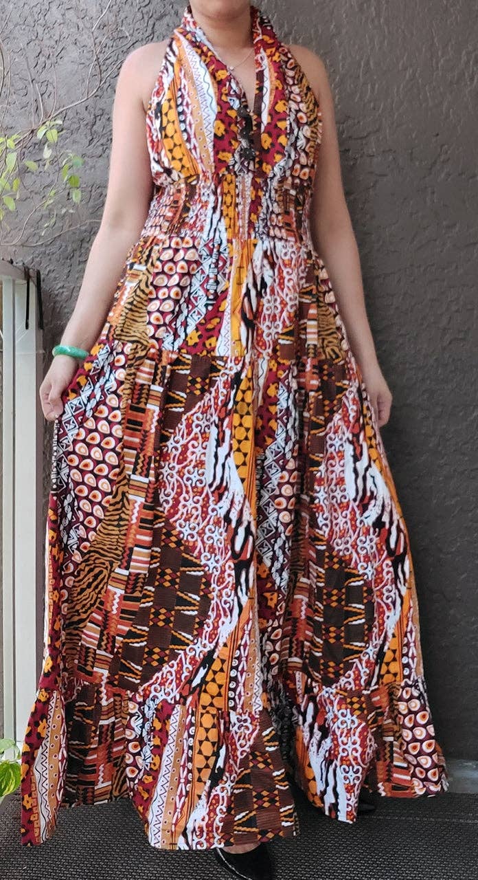 3028L Women Long Smocked Dress - Brown
