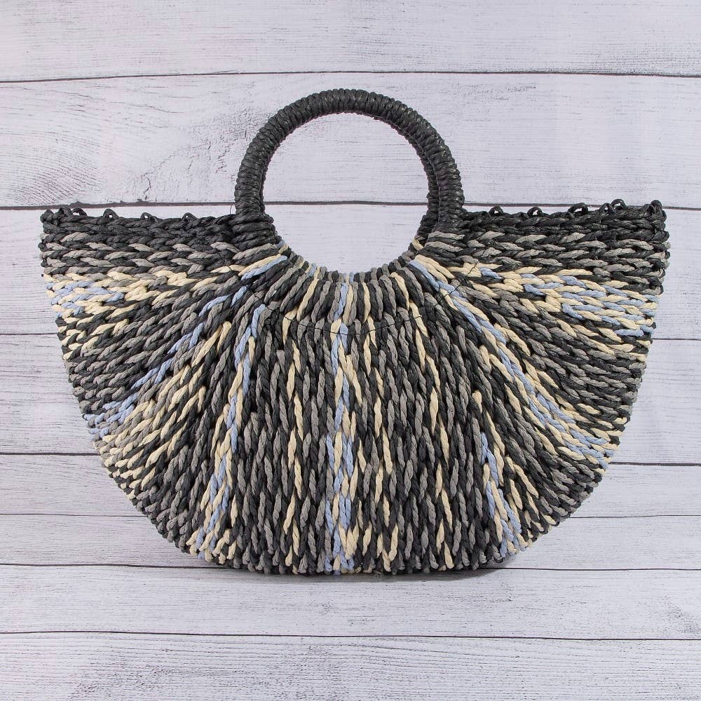 Multi Tone Straw Half Moon Round Handle Tote Bag: BEI