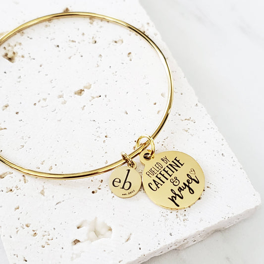 Caffeine and Prayer Religious Gold Charm Bangle