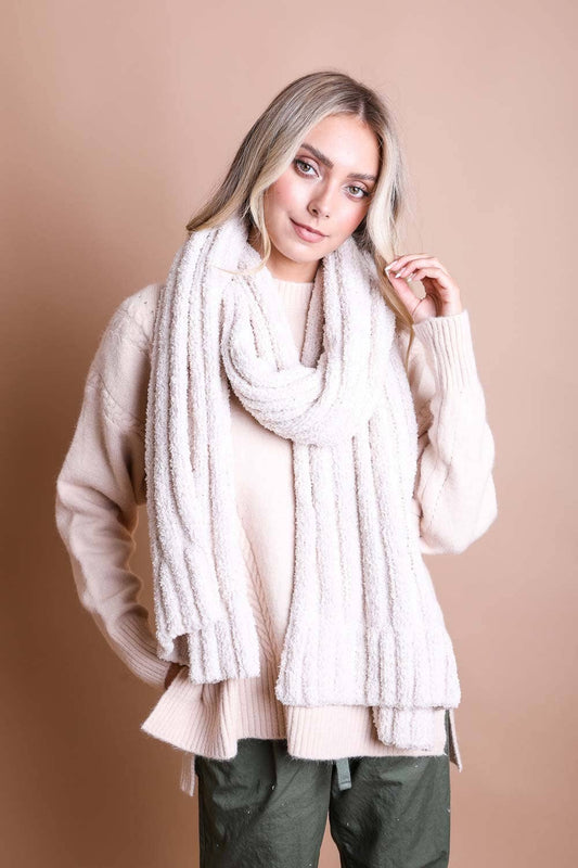 Ultra Soft Boucle Vertical Knit Scarf: Bone